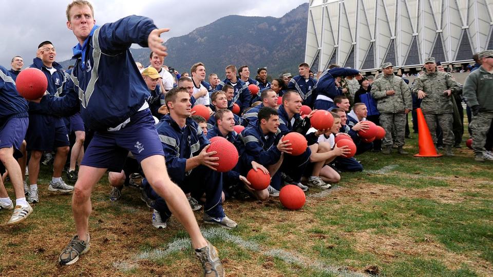 Cadets participate in a single-elimination dodgeball game in an attempt to break a Guinness World Record. (Mike Kaplan/Air Force)