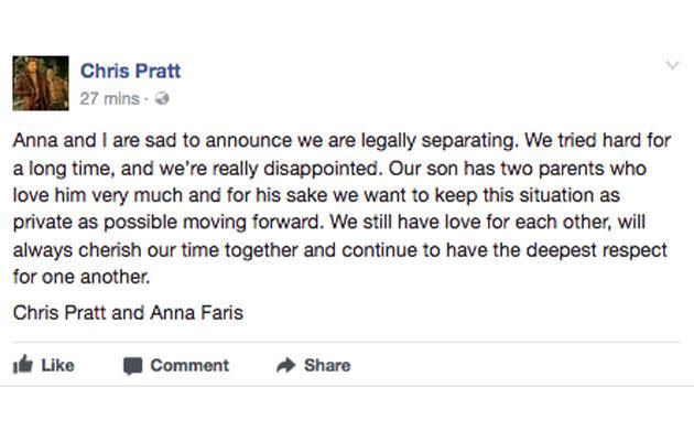 Chris and Anna released a joint statement announcing their split in August. The pair list July 13 2017 as their separation date. Source: Facebook