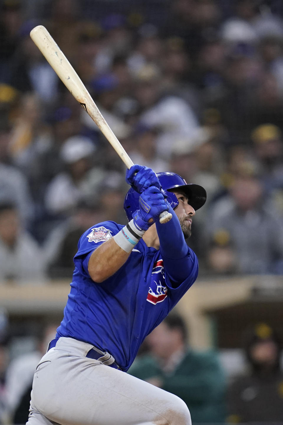 Chicago Cubs' Alfonso Rivas watches his two-run home run during the third inning of a baseball game against the San Diego Padres, Tuesday, May 10, 2022, in San Diego. (AP Photo/Gregory Bull)