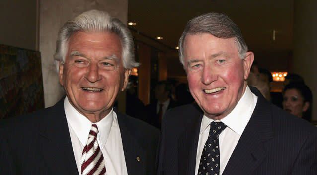 Neville Wran pictured with former Prime Minister Bob Hawke. Source: Getty Images.