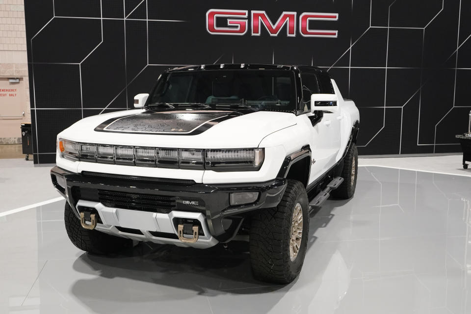 The GMC Hummer EV displayed at the Philadelphia Auto Show, Friday, Jan. 27, 2023, in Philadelphia. (AP Photo/Matt Rourke)