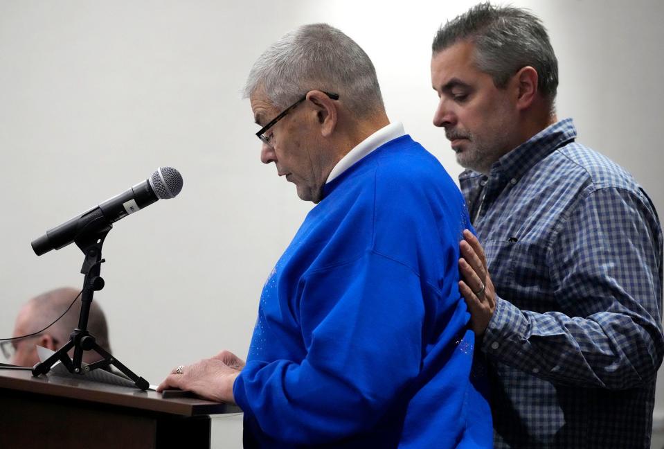 David Sorenson (left) gives a victim impact statement as his son Marshall Sorenson stands by in Waukesha County Circuit Court in Waukesha, Wis., on Tuesday, Nov. 15, 2022.