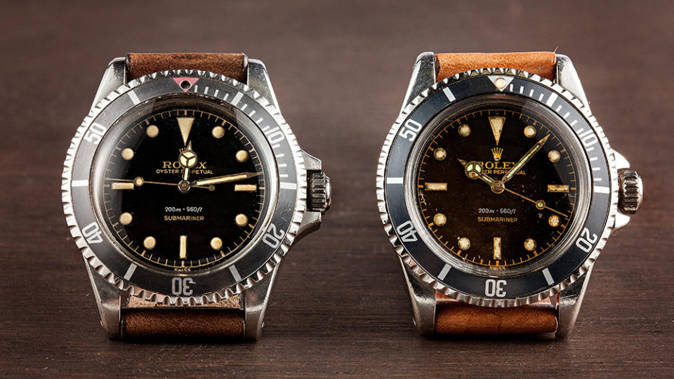 A pair of vintage Submariners in differing states of degradation, or patina.