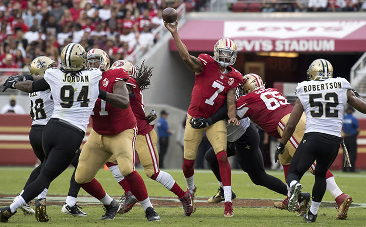 November 6, 2016; Santa Clara, CA, USA; San Francisco 49ers quarterback Colin Kaepernick (7) passes the football against the New Orleans Saints during the third quarter at Levi's Stadium. The Saints defeated the 49ers 41-23.