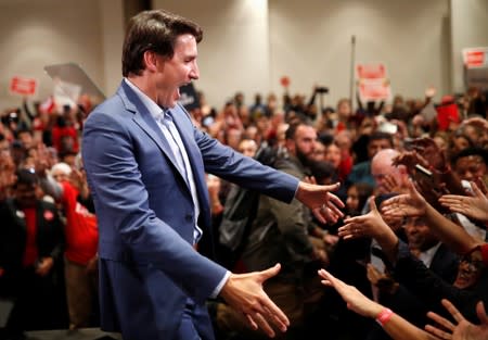 Liberal leader and Canadian Prime Minister Justin Trudeau attends a rally during an election campaign visit to Mississauga