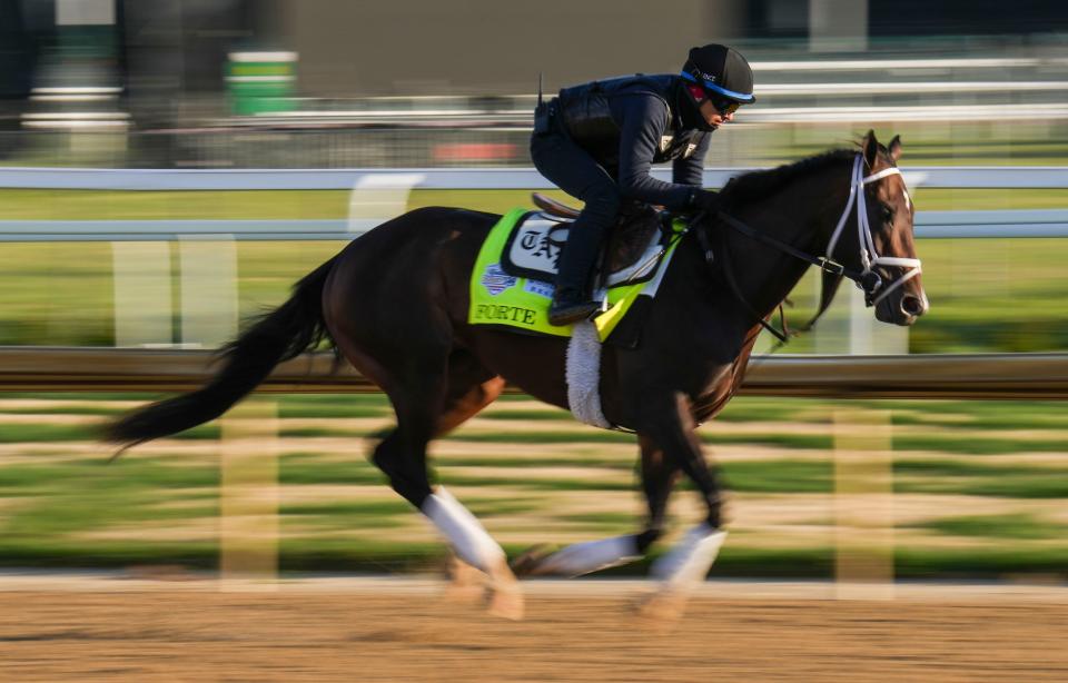 Kentucky Derby contender Forte breezes during a Friday morning workout at Churchill Downs on Oaks Day May 5, 2023, in Louisville, Ky. The horse is trained by Todd Pletcher.