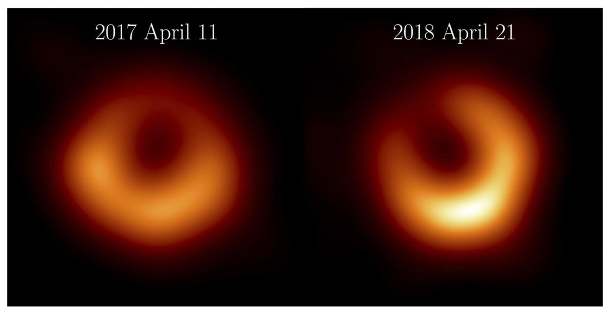 Dos nuevas imágenes del agujero negro supermasivo M87*, realizadas a partir de observaciones recogidas en abril de 2017 y abril de 2018. (Colaboración del Telescopio del Horizonte de Sucesos/The New York Times)