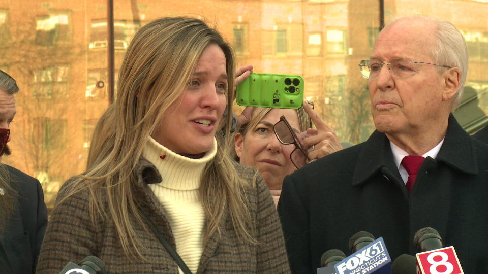 After the verdict, the Troconis family assembled to address the media, including Michelle's sister, Claudia Troconis-Marmol, left, and father, Dr. Carlos Troconis,  