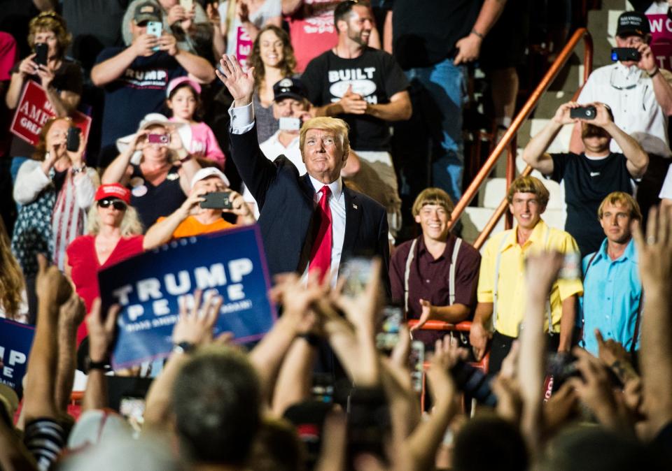 President Donald Trump addresses the crowd during a rally at the Farm Show Complex in Harrisburg, Pennsylvania, on April 29, 2017, the 100th day of his presidency.