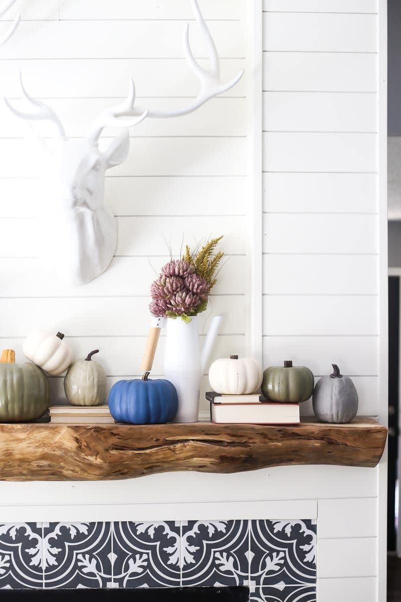 diy neutral painted pumpkins fall mantel decor