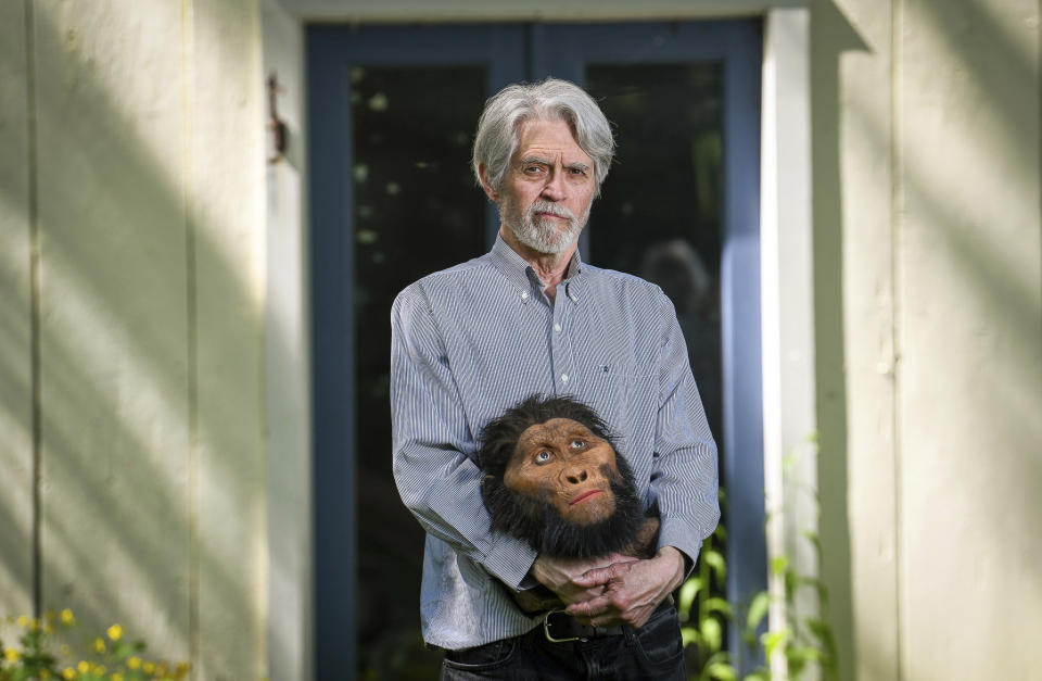 Paleoartist John Gurche poses for a portrait holding a reconstructed male Paranthropus robustus model at his studio in Trumansburg, N.Y., Wednesday, May 31, 2023. "My first love was always human evolution," said Gurche, who creates forensically accurate and realistic representations of Neanderthals and hominins. (AP Photo/Heather Ainsworth)