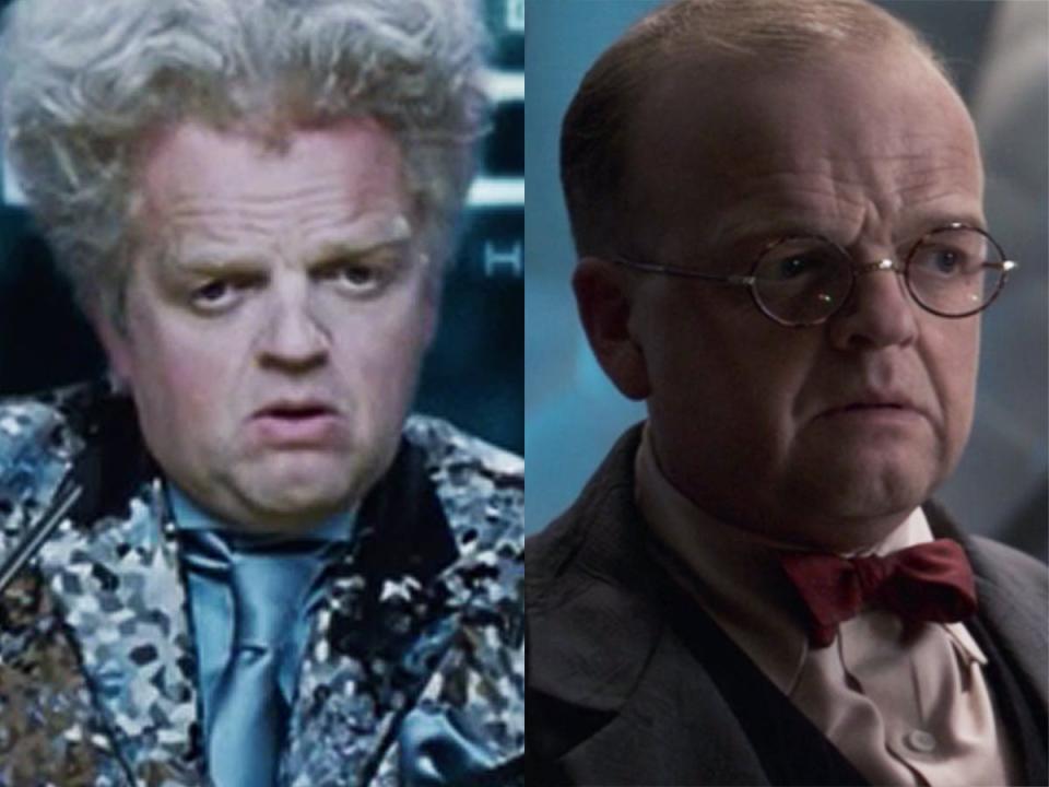 On the left: Toby Jones as Claudius Templesmith in "The Hunger Games." On the right: Jones as Dr. Arnim Zola in "Captain America: The First Avenger."