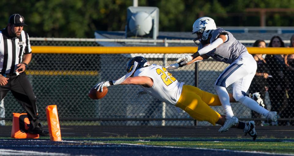 Marlboro’s Matthew Cassidy dives into the end zone after stepping out of bounds, no score on the play. Marlboro vs Howell football.  
Howell, NJ
Thursday, September 14, 2023