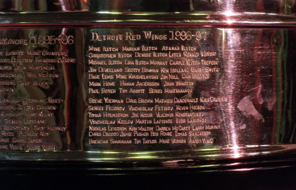 Newly engraved Detroit Red Wings names on Stanley Cup on Oct. 7, 1997.