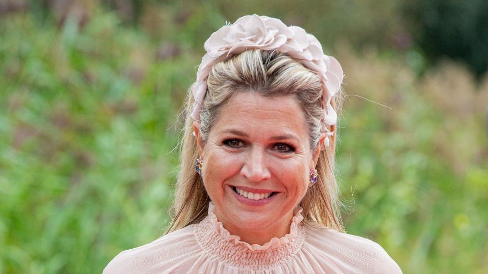 Queen Maxima in a light pink floral band and top