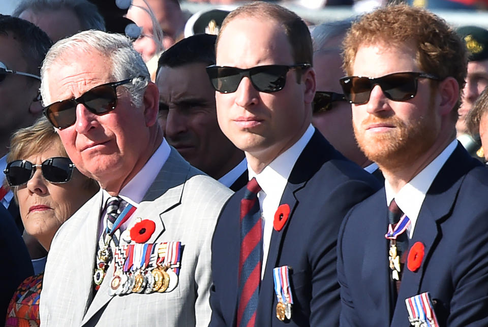 (LtoR) Britain&#39;s Charles, Prince of Wales, Britain&#39;s Prince William, Duke of Cambridge and Britain&#39;s Prince Harry, attend a commemoration ceremony at the Canadian National Vimy Memorial during a commemoration ceremony to mark the 100th anniversary of the Battle of Vimy Ridge, in Vimy, near Arras, northern France, on April 9, 2017. REUTERS/Philippe Huguen/POOL