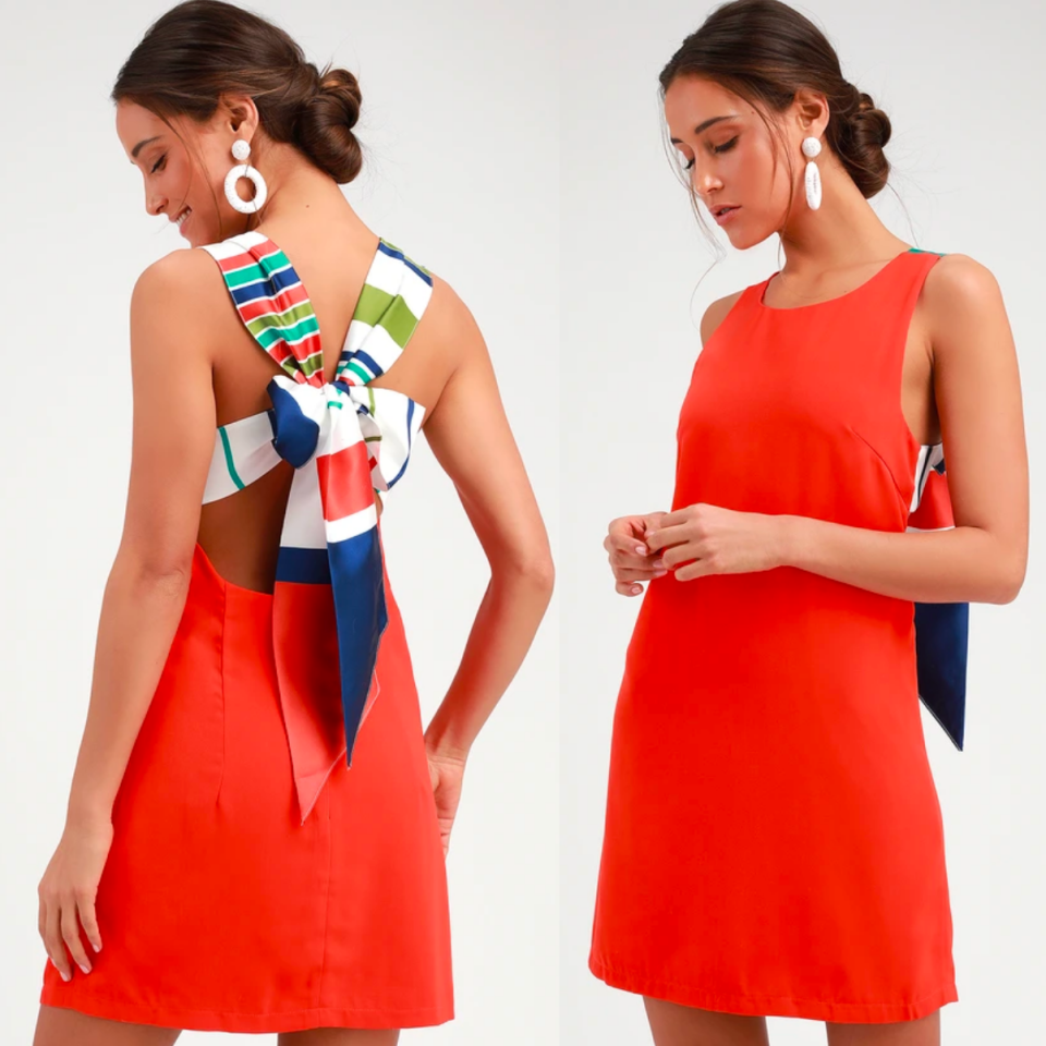 Joyful Red Orange Multi Stripe Tie-Back Mini Dress. Image via Lulus.