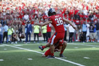 Texas Tech's Trey Wolff (36) kicks the game-winning field goal during overtime of an NCAA college football game against Texas, Saturday, Sept. 24, 2022, in Lubbock, Texas. (AP Photo/Brad Tollefson)