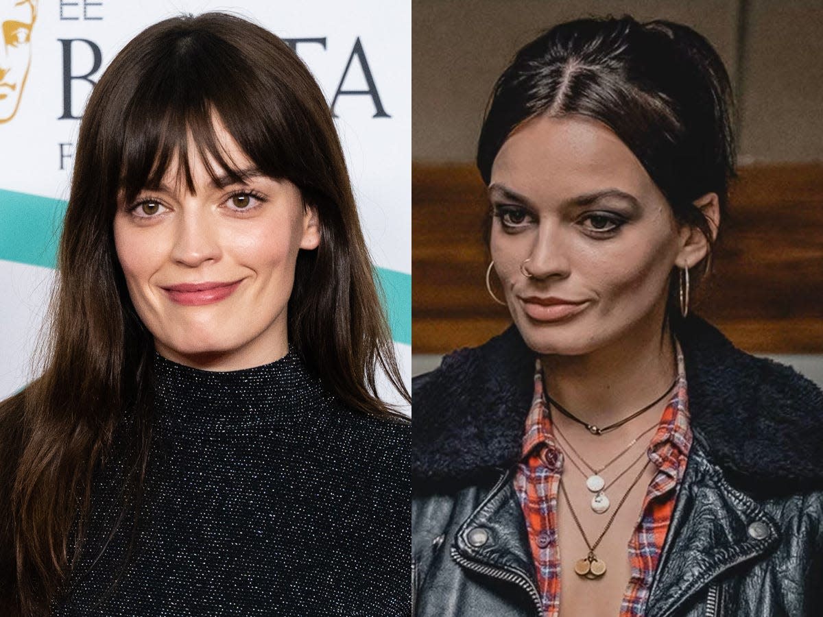 Emma Mackey at the 2023 BAFTAs and as Maeve Wiley in "Sex Education."