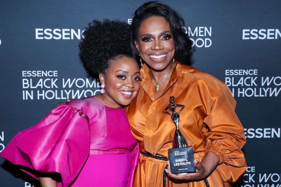 LOS ANGELES, CALIFORNIA - MARCH 09: (L-R) Quinta Brunson and honoree Sheryl Lee Ralph pose with an award during the 2023 ESSENCE Black Women In Hollywood Awards at Fairmont Century Plaza on March 09, 2023 in Los Angeles, California. (Photo by Robin L Marshall/Getty Images for ESSENCE)