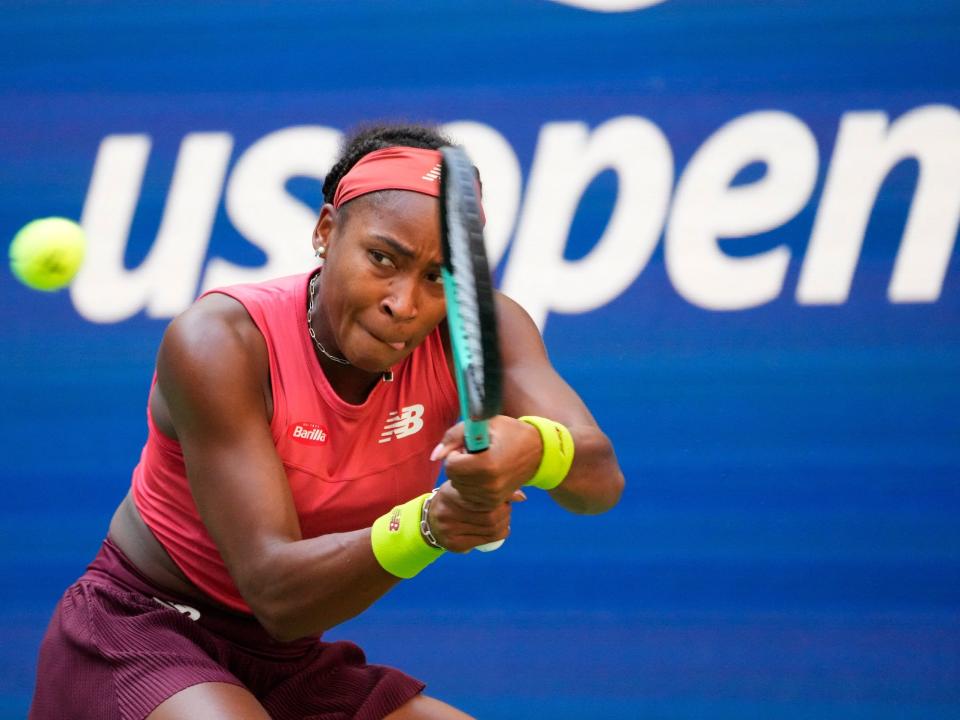 Coco Gauff hits a backhand at the 2023 US Open.