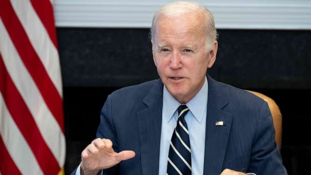 PHOTO: President Joe Biden speaks during a meeting with leaders of his federal emergency preparedness and response team to receive the annual briefing on extreme weather preparedness, in the Roosevelt Room of the White House, May 31, 2023. (Saul Loeb/AFP via Getty Images)