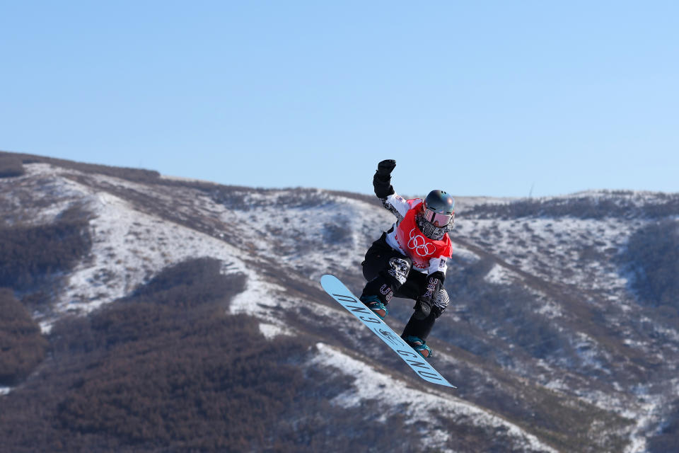 USA snowboarder Jamie Anderson performs a trick during women's slopestyle qualification during the 2022 Winter Olympic Games at Genting Snow Park on February 05, 2022 in Zhangjiakou, China. (Patrick Smith/Getty Images)