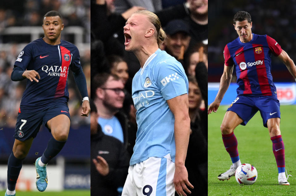 (left) Paris Saint-Germain's Kylian Mbappé runs (centre) Manchester City's Eerling Haaland screaming (right) FC Barcelona's Robert Lewandowski passes the ball