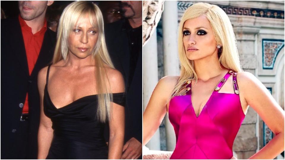 L: Donatella Versace in 1997. R: Penelope Cruz as Donatella Versace. (Getty Images / Entertainment Weekly)