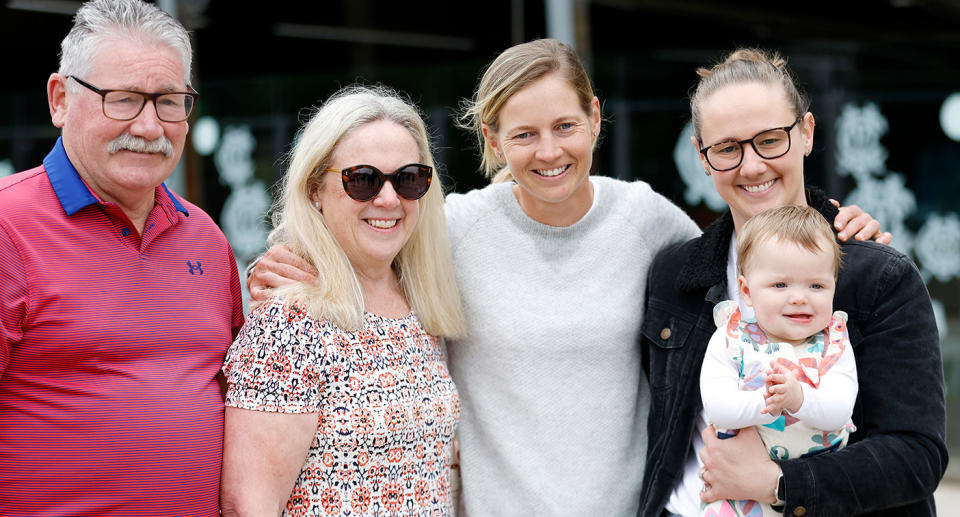 Seen here, Meg Lanning with family members at her retirement announcement.