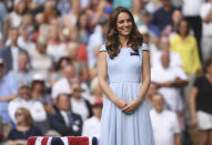 Britain's Kate, Duchess of Cambridge stands on centre court during the trophy presentation after Serbia's Novak Djokovic defeated Switzerland's Roger Federer during the men's singles final match of the Wimbledon Tennis Championships in London, Sunday, July 14, 2019. (Laurence Griffiths/Pool Photo via AP, File)