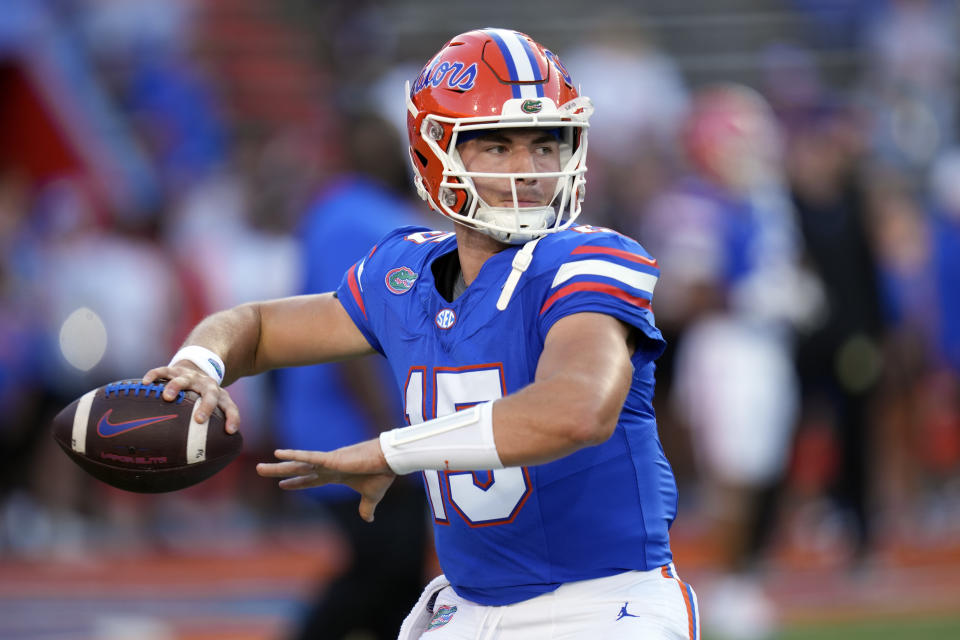 Florida quarterback Graham Mertz warms up before an NCAA college football game against McNeese State, Saturday, Sept. 9, 2023, in Gainesville, Fla. (AP Photo/John Raoux)