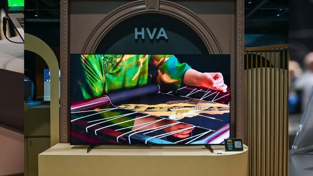  A TV with "HVA" writen above it. 