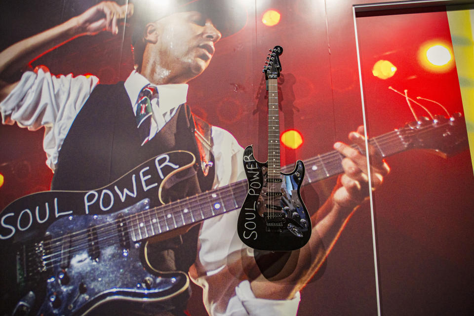 ANAHEIM, CALIFORNIA - JANUARY 15: Display of the Tom Morello "Soul Power" Stratocaster during The NAMM Show 2020 Media Preview Day at Anaheim Convention Center on January 15, 2020 in Anaheim, California. (Photo by Daniel Knighton/Getty Images)