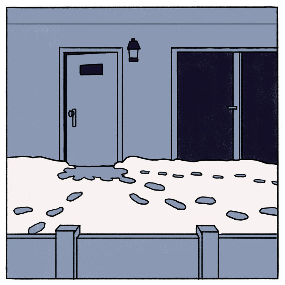 Illustration of footsteps in the snow leading to a door left ajar. (Laila Milevski / ProPublica)