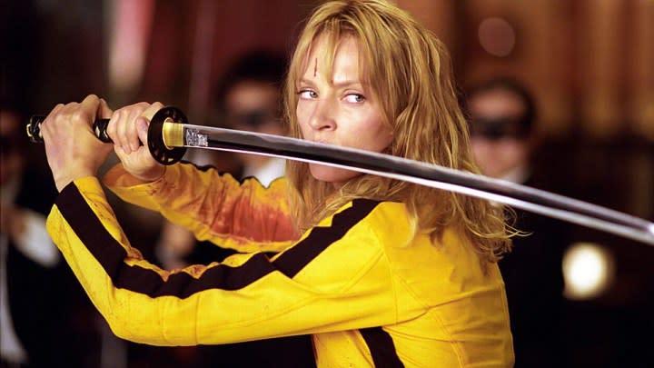 Uma Thurman as The Bride wielding her katana in Kill Bill Vol. 1.