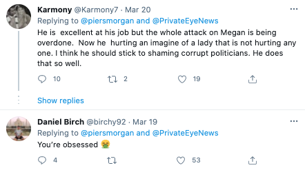 Screenshots of Twitter reacts to Piers Morgan's 'attack' on Meghan Markle. Photo: Twitter.