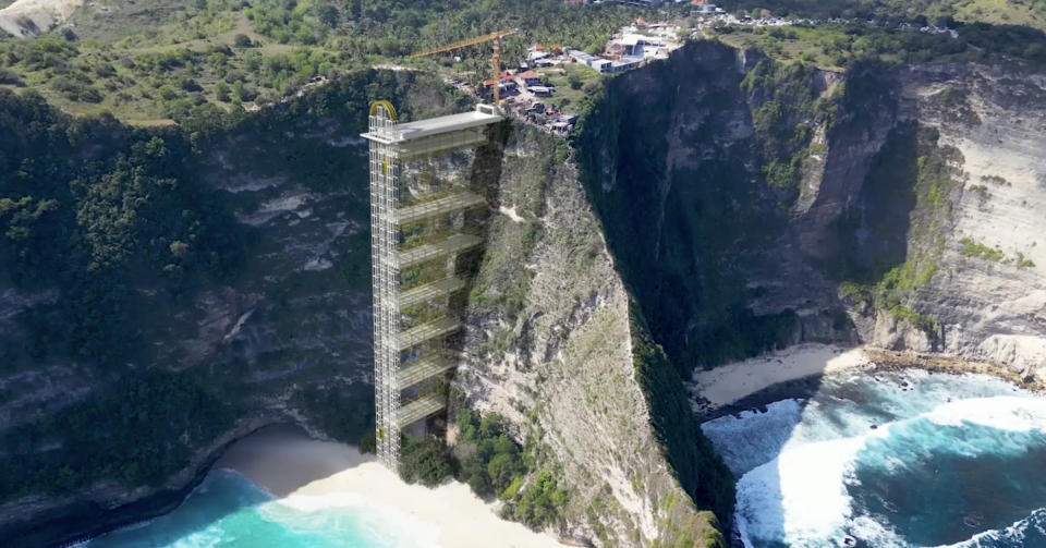 An artist's impression shows the 182-metre viewing platform and glass elevator planned for Kelingking Beach. Source: ABC