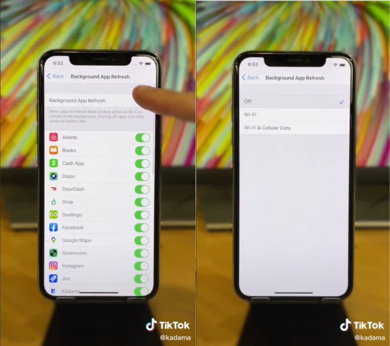 ▲卡達瑪建議可關閉「背景APP重新整理」功能。（圖／翻攝TikTok@kadama）