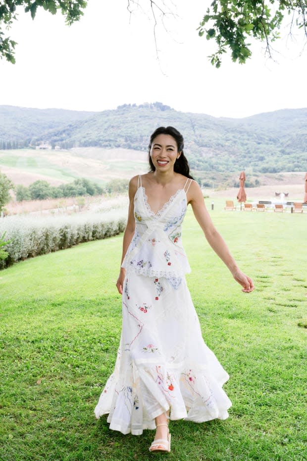 Emily Law, in Tory Burch Spring 2020, at her wedding brunch in Tuscany.<p>Photo: Jose Villa/Courtesy of Over The Moon</p>