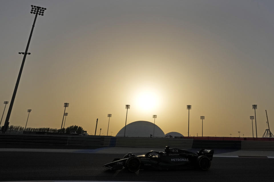 Mercedes driver George Russell of Britain steers his car during a Formula One pre season test at the Bahrain International Circuit in Sakhir, Bahrain, Friday, Feb. 24, 2023.(AP Photo/Frank Augstein)