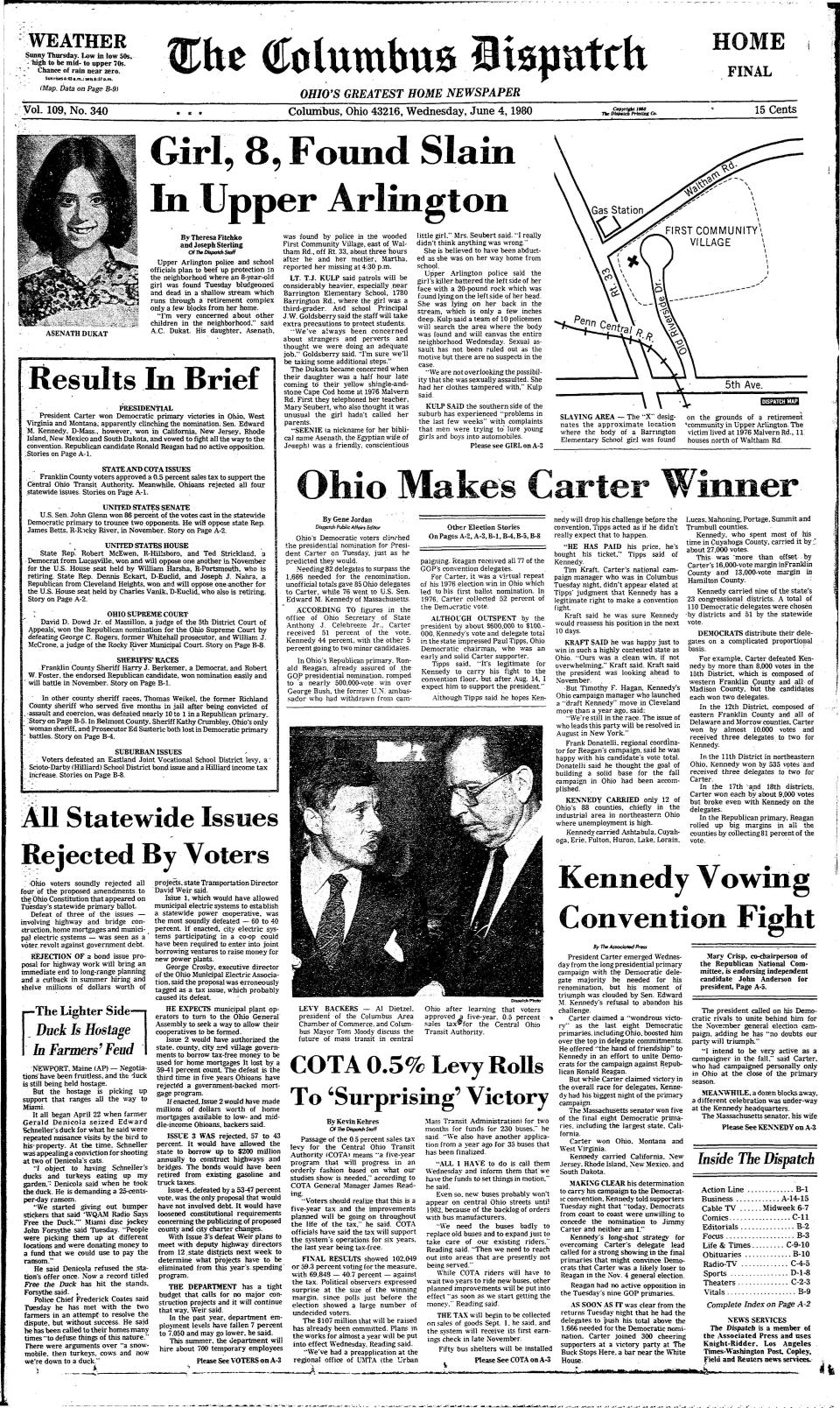Front page of The Columbus Dispatch from June 4, 1980, reporting on the Asenath Dukat slaying.