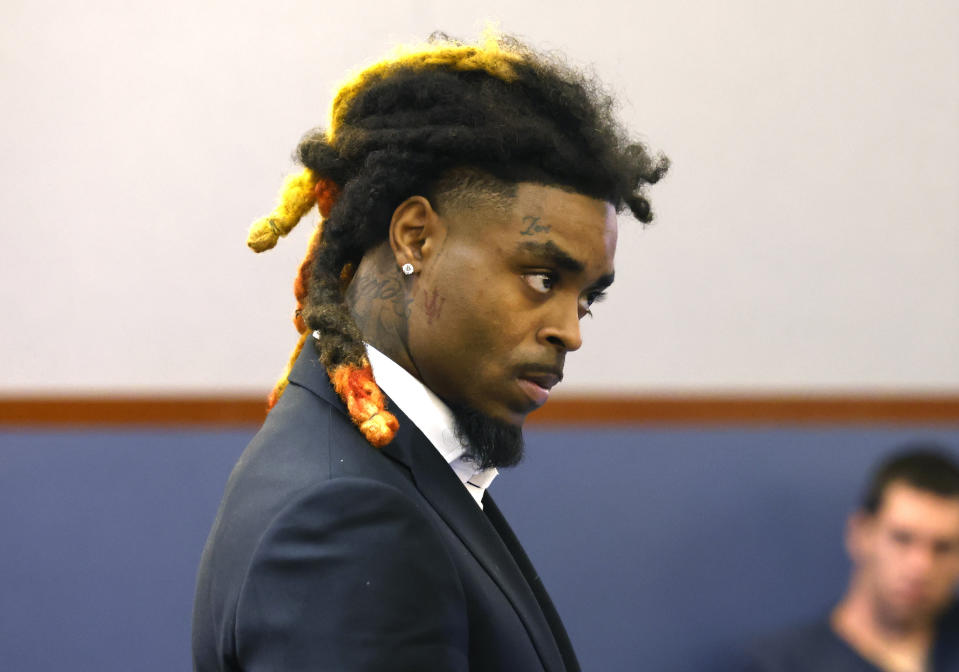 Former NFL cornerback Damon Arnette appears in court for his arraignment at the Regional Justice Center, on Wednesday, May 24, 2023, in Las Vegas. Arnette pleaded not guilty to felony charges alleging that he brandished a handgun during an argument with Las Vegas Strip casino valets in January 2022, and his lawyer is challenging his indictment. (Bizuayehu Tesfaye/Las Vegas Review-Journal via AP)