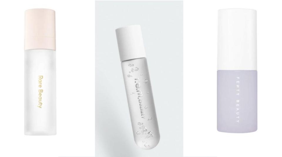 <em>Left to right: <a href="https://www.sephora.com/product/rare-beauty-by-selena-gomez-always-an-optimist-4-in-1-prime-set-mist-P55849781?skuId=2362465&icid2=products%20grid:p55849781:product" rel="nofollow noopener" target="_blank" data-ylk="slk:Rare Beauty Primer Set Mist;elm:context_link;itc:0;sec:content-canvas" class="link ">Rare Beauty Primer Set Mist</a>, <a href="https://rembeauty.com/products/midnight-shadows-eyeshadow-gloss?variant=41598079205639" rel="nofollow noopener" target="_blank" data-ylk="slk:r.e.m. beauty eyeshadow gloss;elm:context_link;itc:0;sec:content-canvas" class="link ">r.e.m. beauty eyeshadow gloss</a>, <a href="https://fentybeauty.com/products/baby-what-it-dew-travel-size-makeup-refreshing-spray?gclid=CjwKCAjwp9qZBhBkEiwAsYFsbxFgj7C13hvx3-3VGZ2ujljBA3qMqJFUt7tFroa3eYVQX6bNwzVEHxoCH9cQAvD_BwE" rel="nofollow noopener" target="_blank" data-ylk="slk:Fenty Beauty Makeup Refresh Spray;elm:context_link;itc:0;sec:content-canvas" class="link ">Fenty Beauty Makeup Refresh Spray</a></em>