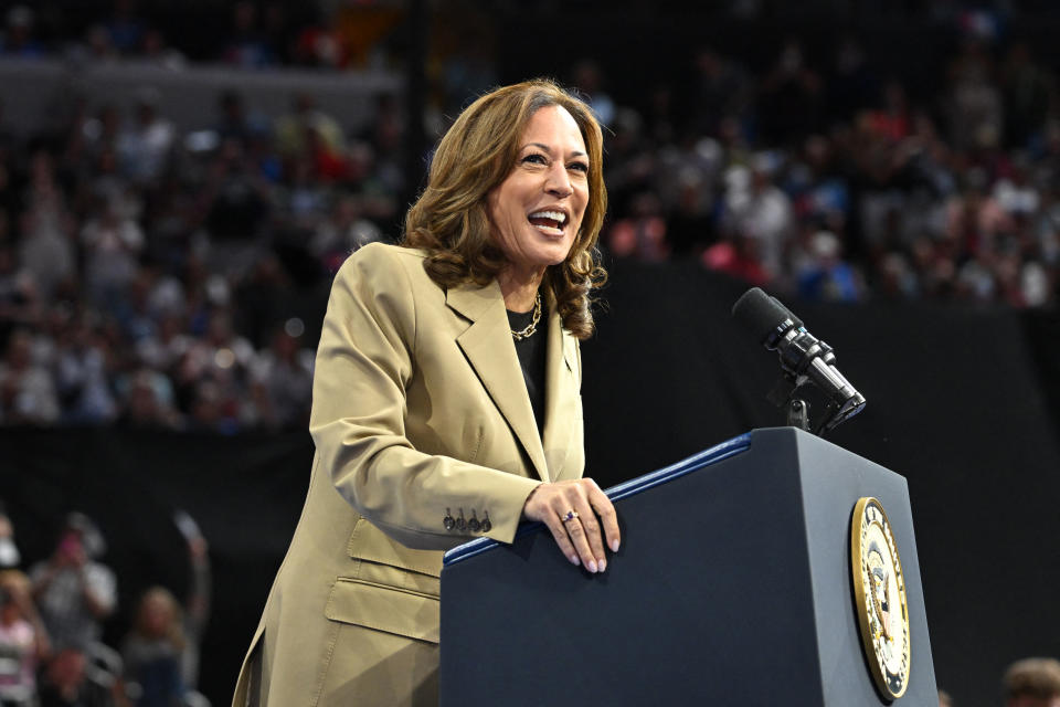 TOPSHOT - US Vice President and Democratic presidential candidate Kamala Harris speaks during a campaign event at Desert Diamond Arena in Glendale, Arizona, on August 9, 2024. (Photo by Robyn Beck / AFP) (Photo by ROBYN BECK/AFP via Getty Images)