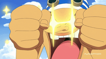 Usopp with sparkling eyes cheering his hands up and down