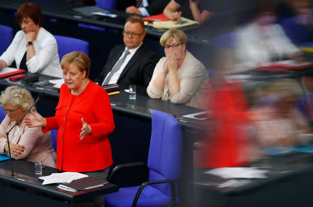 German Chancellor Angela Merkel speaks during a session at the lower house of parliament Bundestag in Berlin, Germany June 6, 2018. REUTERS/Axel Schmidt