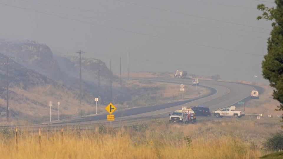 The Plex Fire burns close to Idaho 21 at the Oregon Trail Recreation Area.