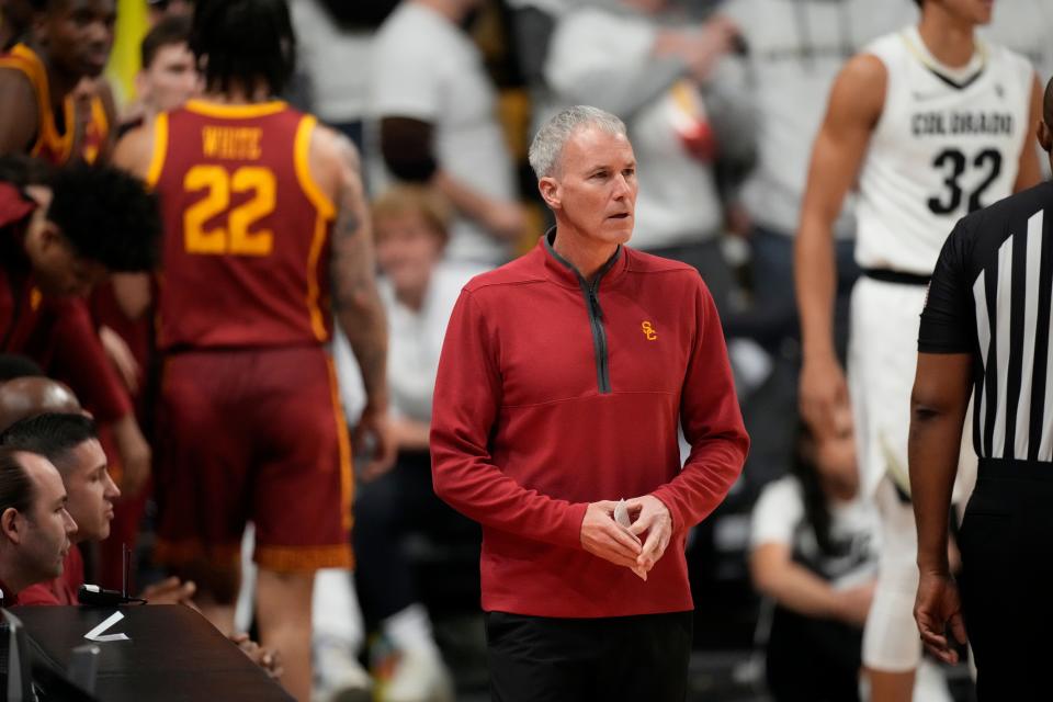 USC coach Andy Enfield watches during a game against Colorado. Feb. 23, 2023