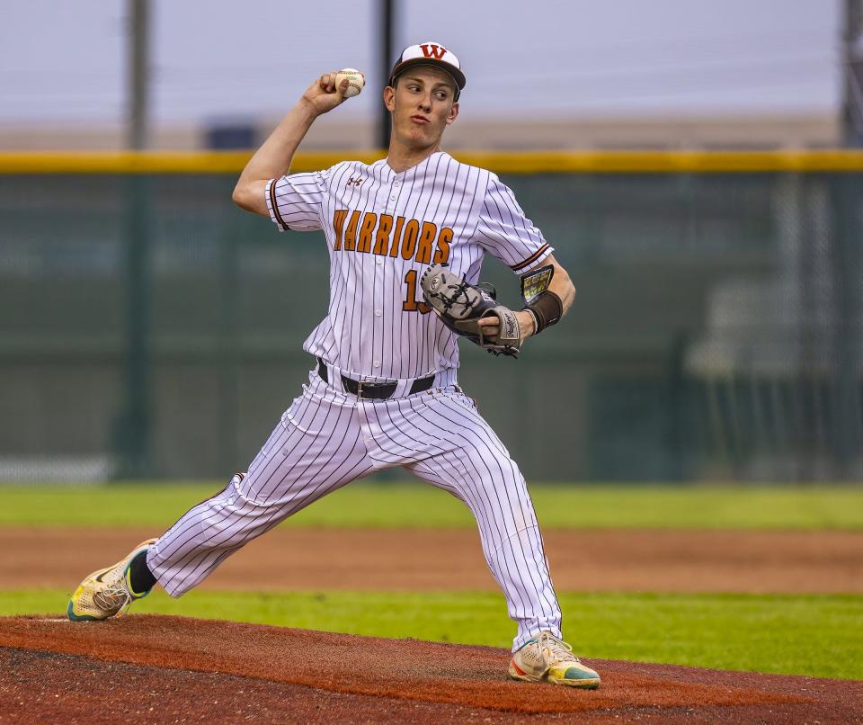 Westwood pitcher Ridge Morgan, shown in a 2023 game against Lake Travis, was masterful in Saturday's 3-2 win over the Cavaliers to complete a bi-district playoff series sweep. He had eight strikeouts and allowed only one hit in his 6 1/3 innings.